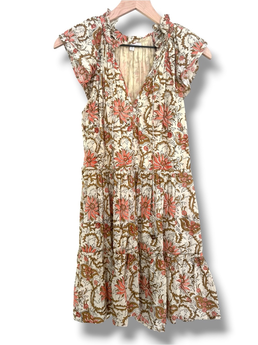 Anna Cate Floral Neutral Tiered Ruffle Sleeve Mini Dress in Cream‎ and Coral Xs